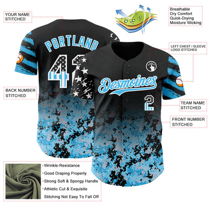 Custom Black USA Flag Camo White-Sky Blue Gradient Digital Camouflage Stars & Stripes Two Tone Authentic Baseball Jersey