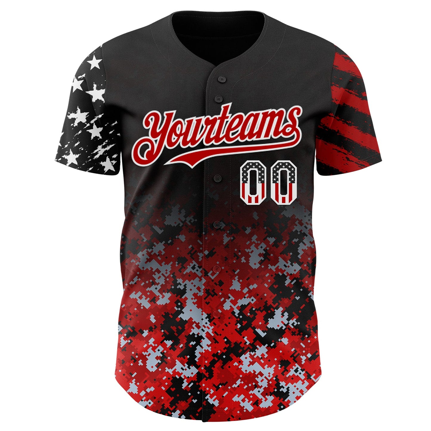 Custom Black USA Flag Camo White-Red Gradient Digital Camouflage Stars & Stripes Two Tone Authentic Baseball Jersey