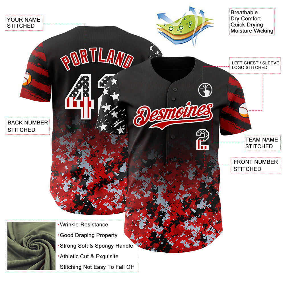 Custom Black USA Flag Camo White-Red Gradient Digital Camouflage Stars & Stripes Two Tone Authentic Baseball Jersey