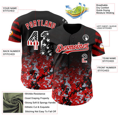 Custom Black USA Flag Camo White-Red Gradient Digital Camouflage Stars & Stripes Two Tone Authentic Baseball Jersey