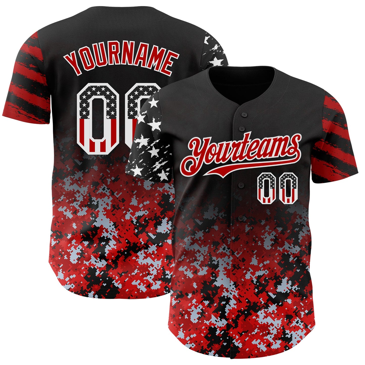 Custom Black USA Flag Camo White-Red Gradient Digital Camouflage Stars & Stripes Two Tone Authentic Baseball Jersey
