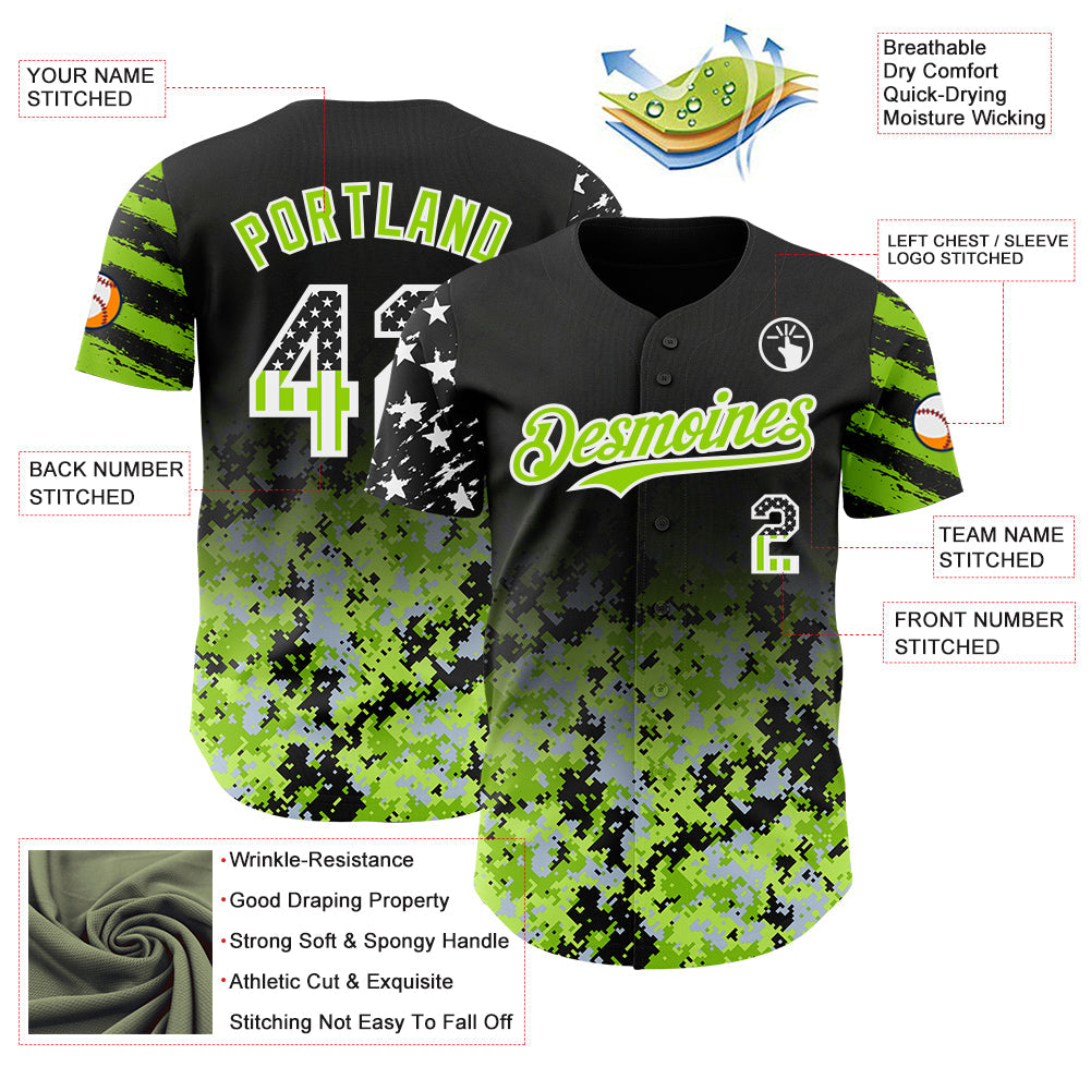 Custom Black USA Flag Camo White-Neon Green Gradient Digital Camouflage Stars & Stripes Two Tone Authentic Baseball Jersey