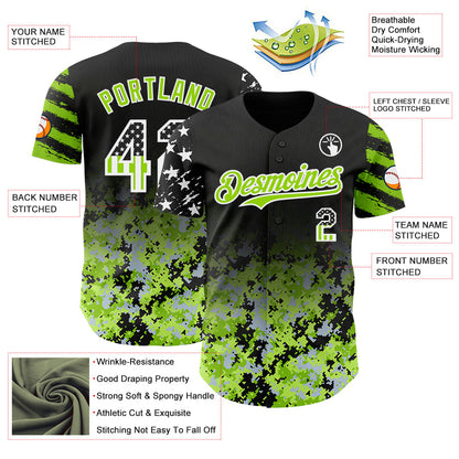 Custom Black USA Flag Camo White-Neon Green Gradient Digital Camouflage Stars & Stripes Two Tone Authentic Baseball Jersey