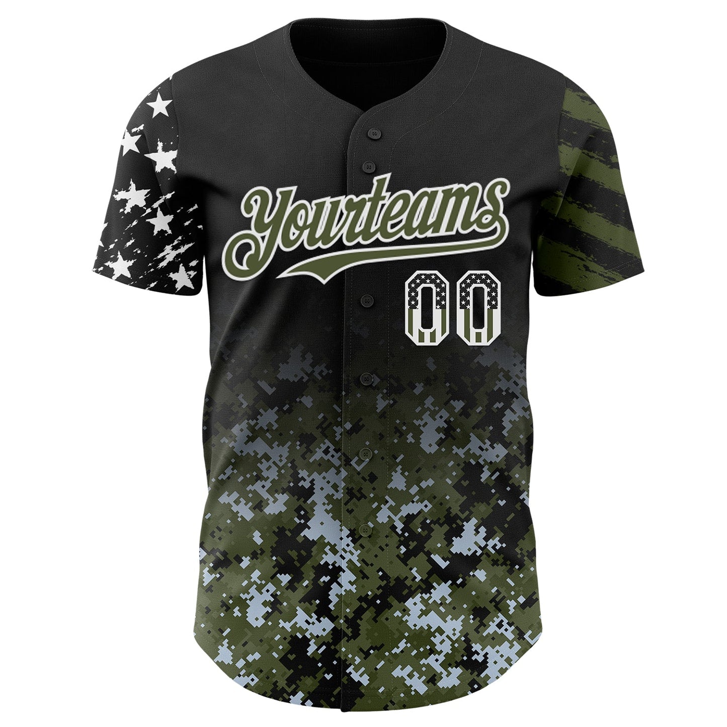 Custom Black USA Flag Camo White-Olive Gradient Digital Camouflage Stars & Stripes Two Tone Authentic Baseball Jersey