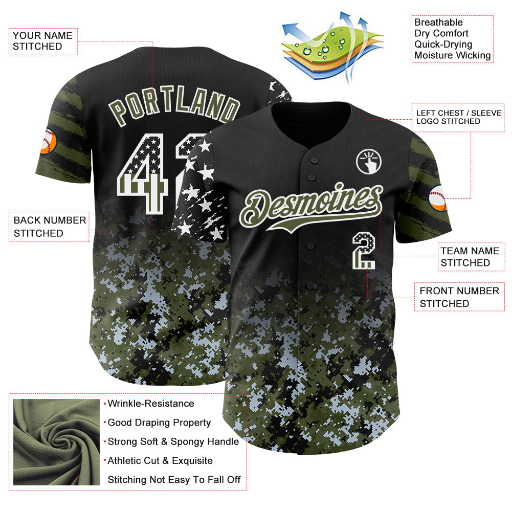 Custom Black USA Flag Camo White-Olive Gradient Digital Camouflage Stars & Stripes Two Tone Authentic Baseball Jersey