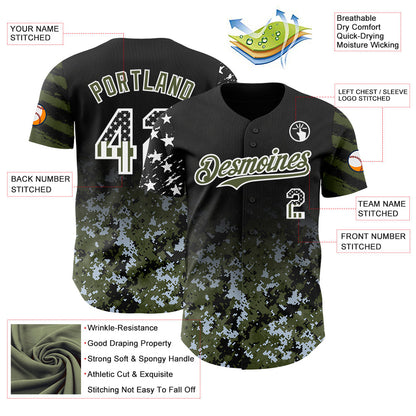 Custom Black USA Flag Camo White-Olive Gradient Digital Camouflage Stars & Stripes Two Tone Authentic Baseball Jersey