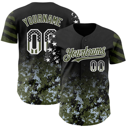 Custom Black USA Flag Camo White-Olive Gradient Digital Camouflage Stars & Stripes Two Tone Authentic Baseball Jersey