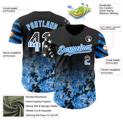 Custom Black USA Flag Camo White-Electric Blue Gradient Digital Camouflage Stars & Stripes Two Tone Authentic Baseball Jersey