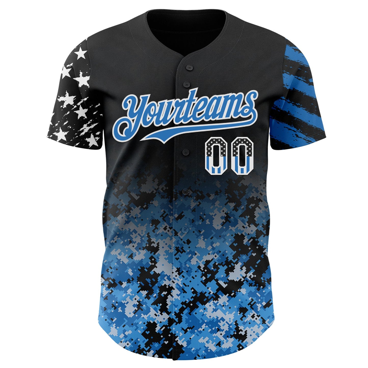 Custom Black USA Flag Camo White-Blue Gradient Digital Camouflage Stars & Stripes Two Tone Authentic Baseball Jersey