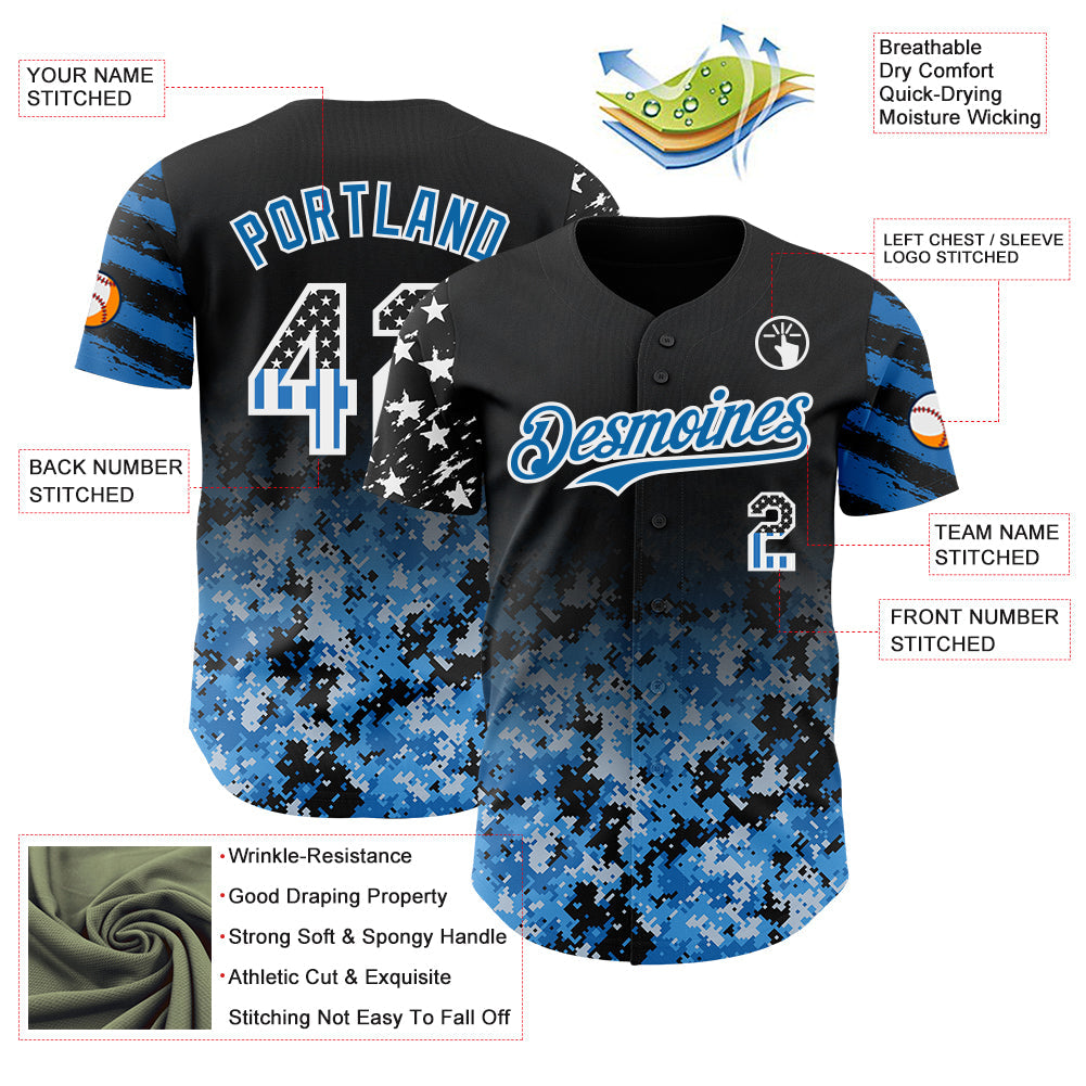Custom Black USA Flag Camo White-Blue Gradient Digital Camouflage Stars & Stripes Two Tone Authentic Baseball Jersey