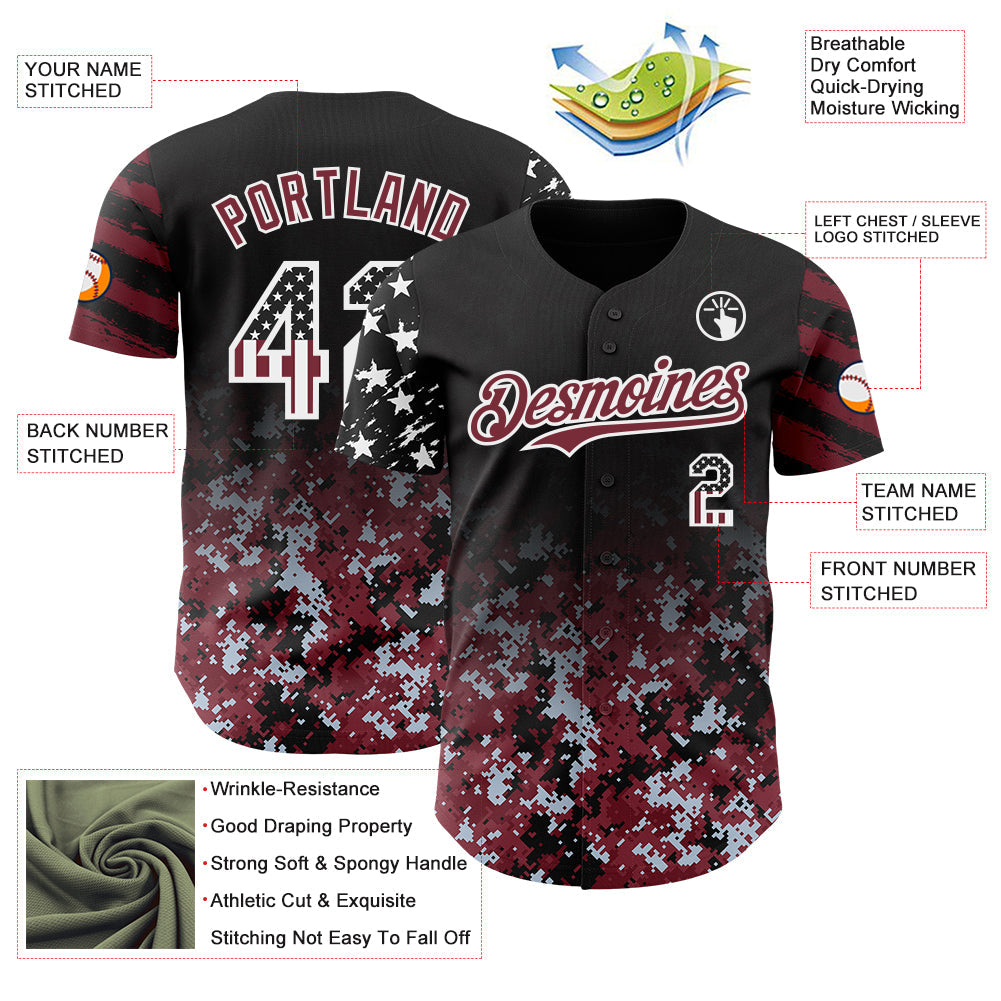 Custom Black USA Flag Camo White-Burgundy Gradient Digital Camouflage Stars & Stripes Two Tone Authentic Baseball Jersey