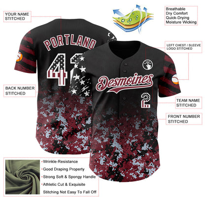 Custom Black USA Flag Camo White-Burgundy Gradient Digital Camouflage Stars & Stripes Two Tone Authentic Baseball Jersey