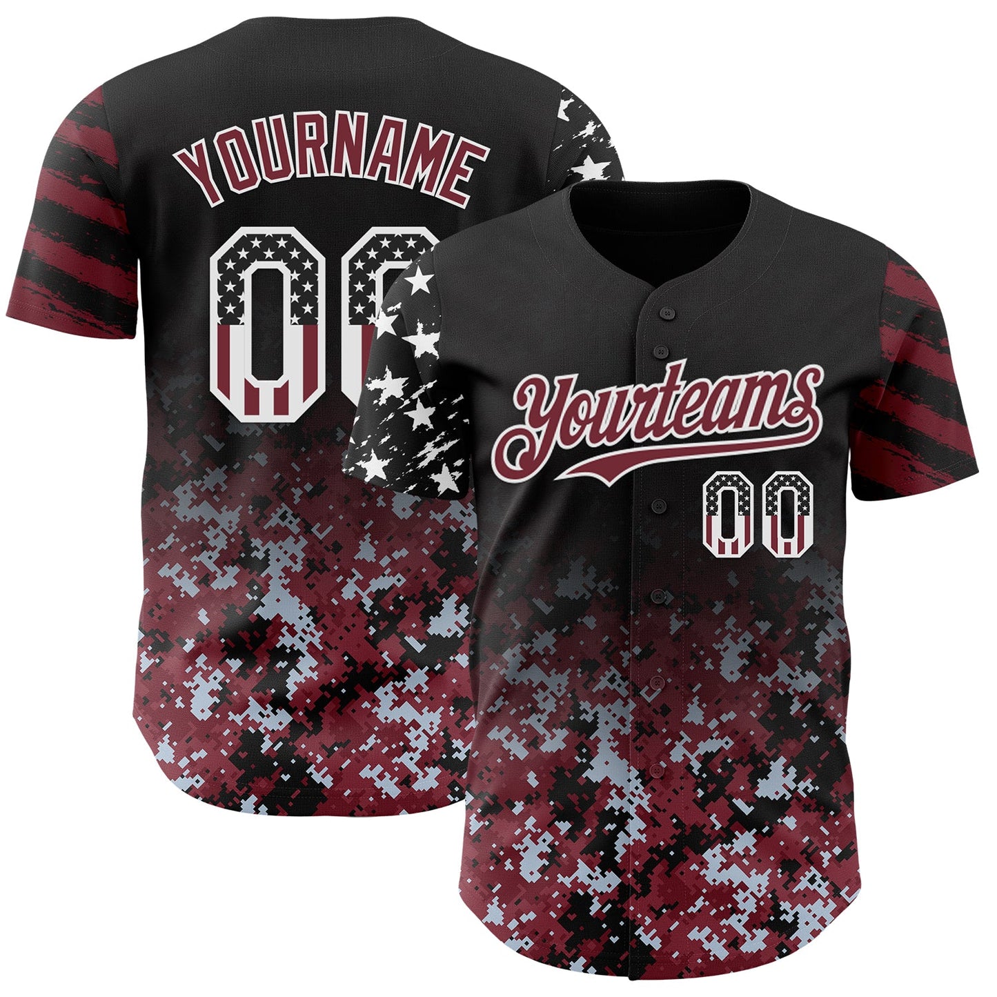 Custom Black USA Flag Camo White-Burgundy Gradient Digital Camouflage Stars & Stripes Two Tone Authentic Baseball Jersey