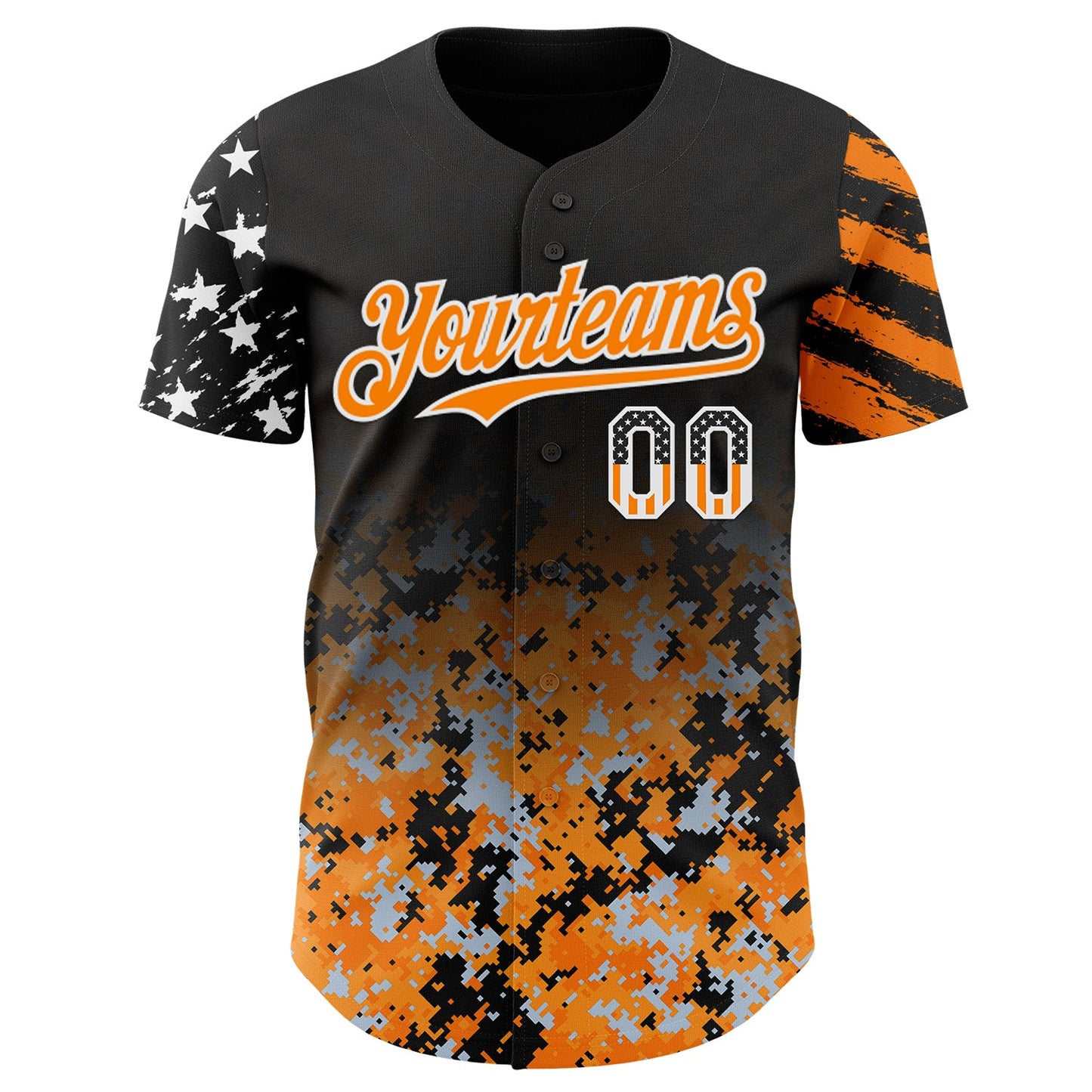 Custom Black USA Flag Camo White-Bay Orange Gradient Digital Camouflage Stars & Stripes Two Tone Authentic Baseball Jersey