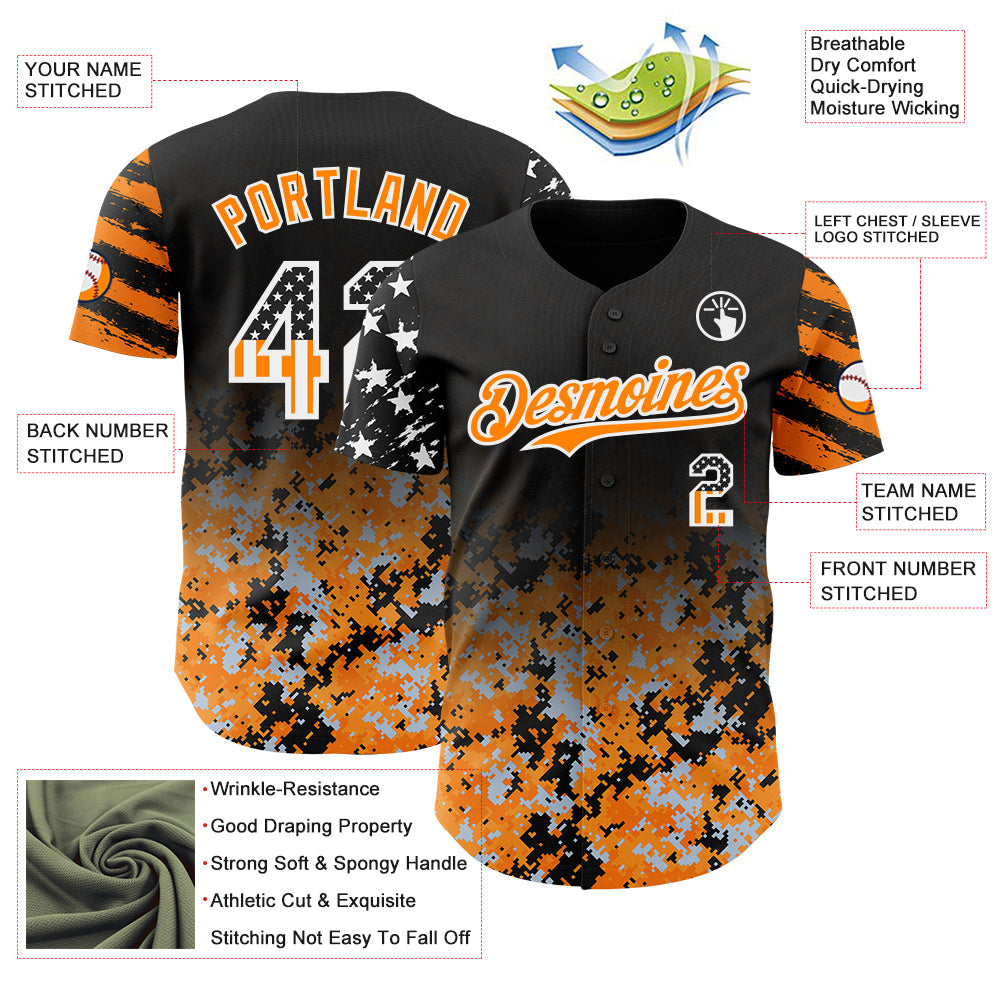 Custom Black USA Flag Camo White-Bay Orange Gradient Digital Camouflage Stars & Stripes Two Tone Authentic Baseball Jersey