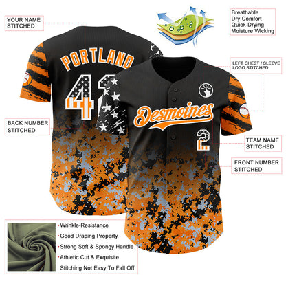 Custom Black USA Flag Camo White-Bay Orange Gradient Digital Camouflage Stars & Stripes Two Tone Authentic Baseball Jersey