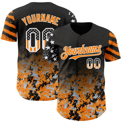 Custom Black USA Flag Camo White-Bay Orange Gradient Digital Camouflage Stars & Stripes Two Tone Authentic Baseball Jersey