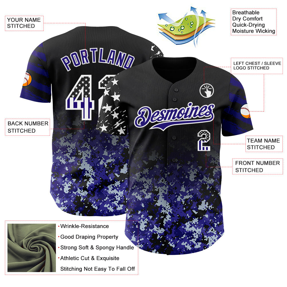 Custom Black USA Flag Camo White-Dark Purple Gradient Digital Camouflage Stars & Stripes Two Tone Authentic Baseball Jersey