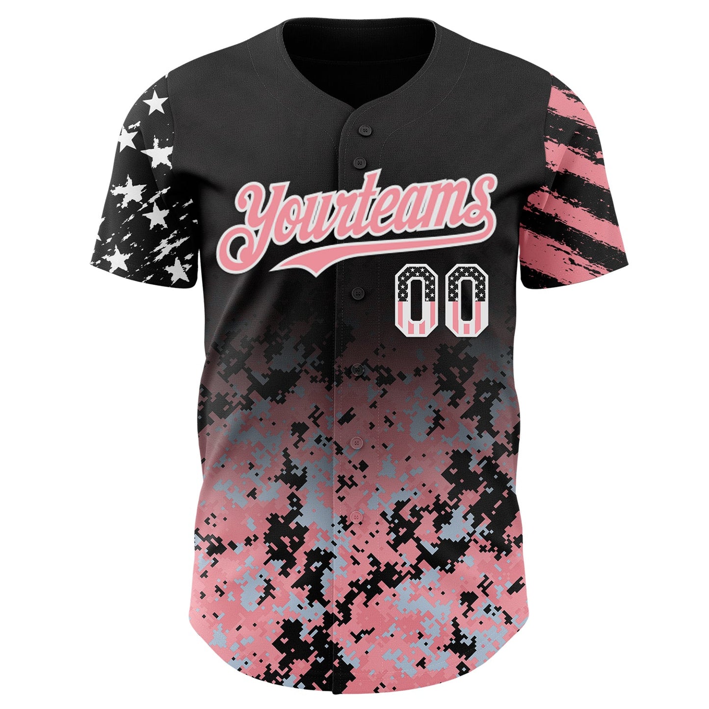 Custom Black USA Flag Camo White-Medium Pink Gradient Digital Camouflage Stars & Stripes Two Tone Authentic Baseball Jersey