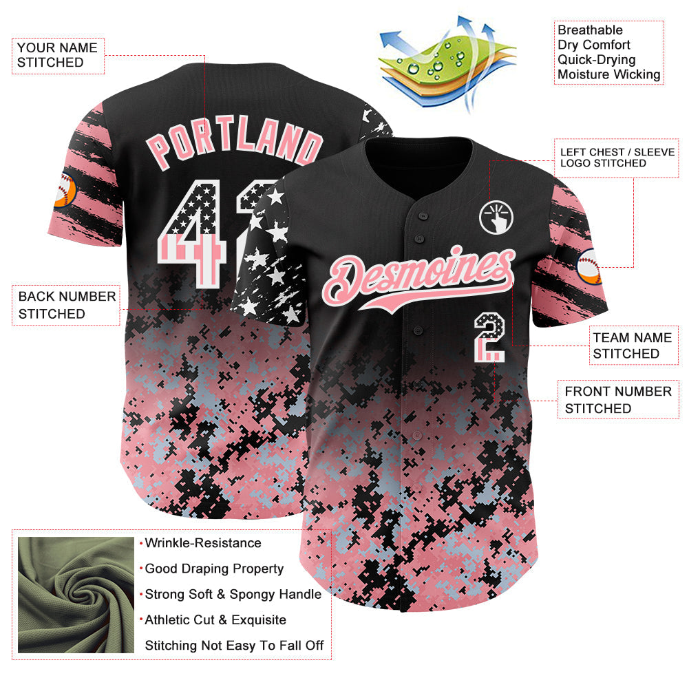 Custom Black USA Flag Camo White-Medium Pink Gradient Digital Camouflage Stars & Stripes Two Tone Authentic Baseball Jersey