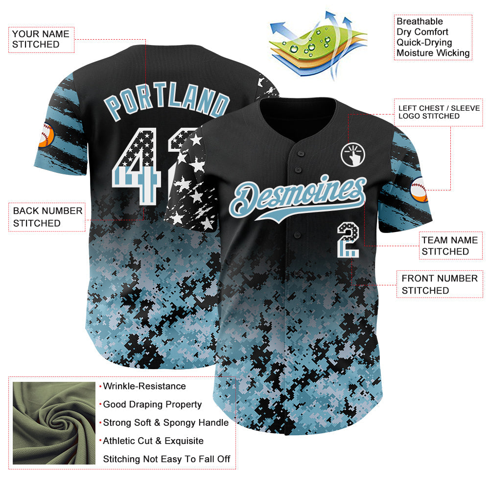 Custom Black USA Flag Camo White-Shadow Blue Gradient Digital Camouflage Stars & Stripes Two Tone Authentic Baseball Jersey