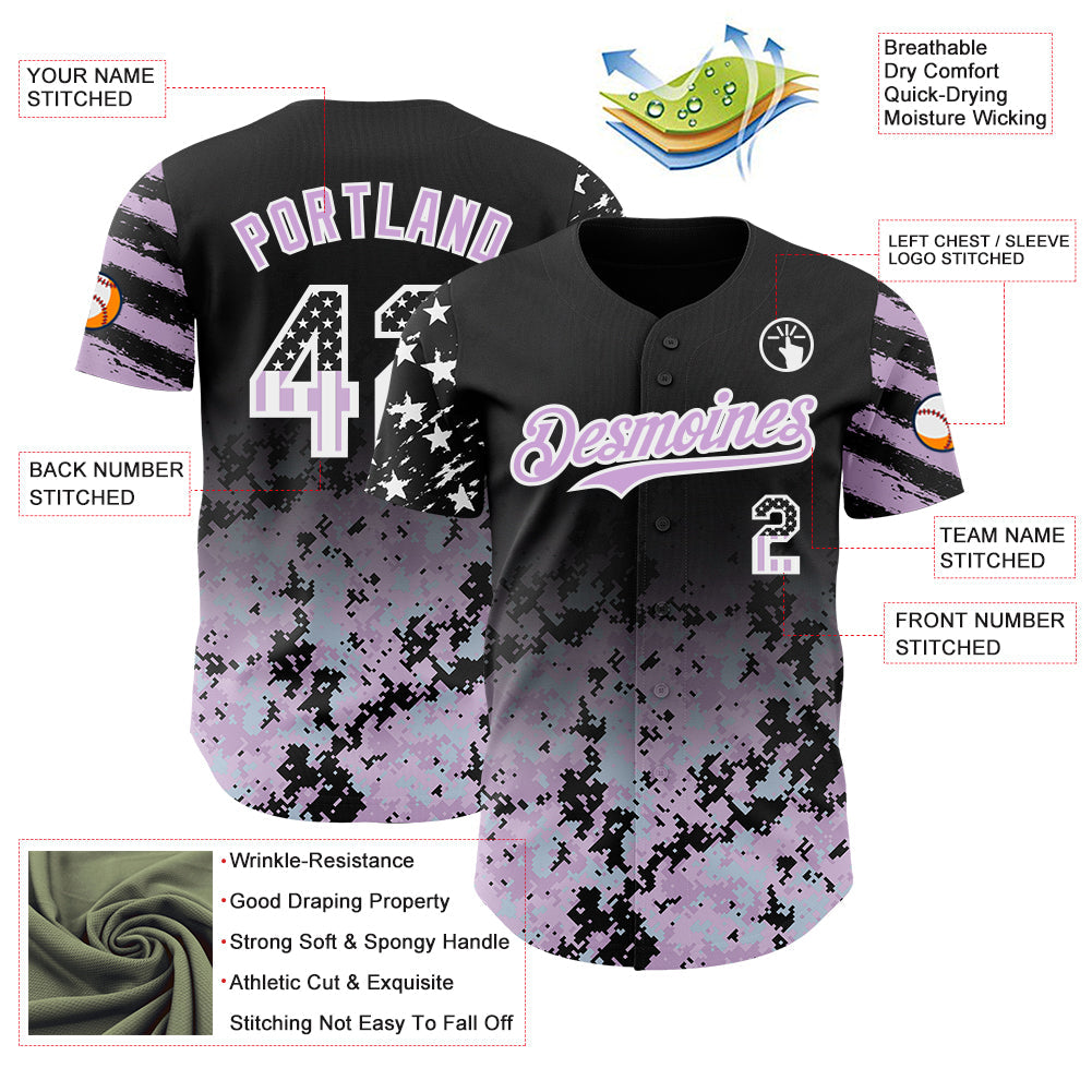 Custom Black USA Flag Camo White-Light Purple Gradient Digital Camouflage Stars & Stripes Two Tone Authentic Baseball Jersey