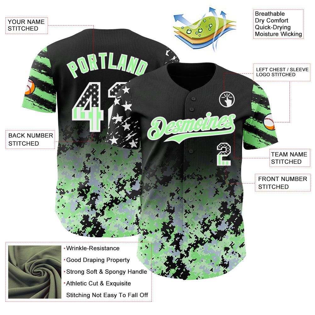 Custom Black USA Flag Camo White-Pea Green Gradient Digital Camouflage Stars & Stripes Two Tone Authentic Baseball Jersey