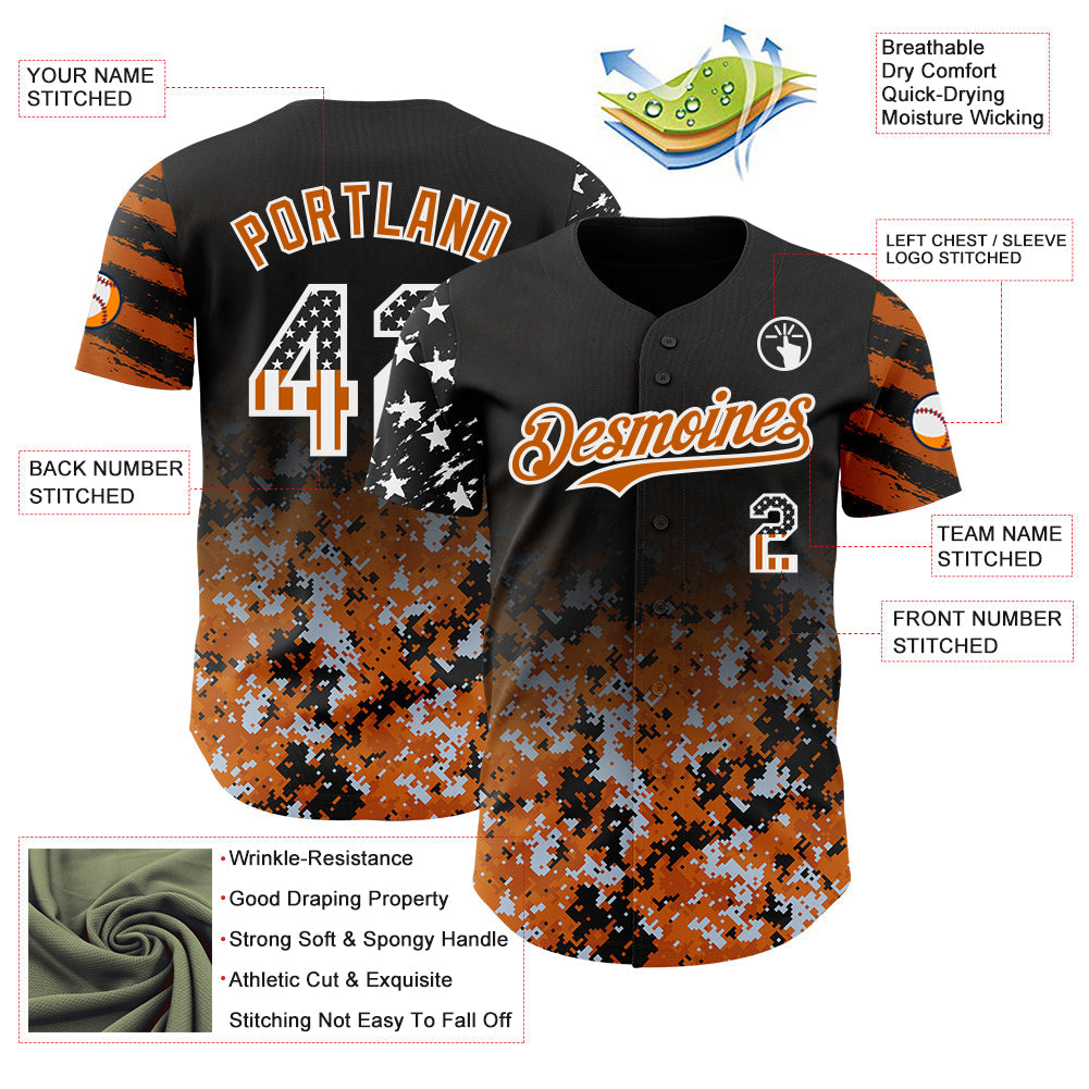 Custom Black USA Flag Camo White-Texas Orange Gradient Digital Camouflage Stars & Stripes Two Tone Authentic Baseball Jersey