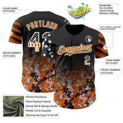 Custom Black USA Flag Camo White-Texas Orange Gradient Digital Camouflage Stars & Stripes Two Tone Authentic Baseball Jersey