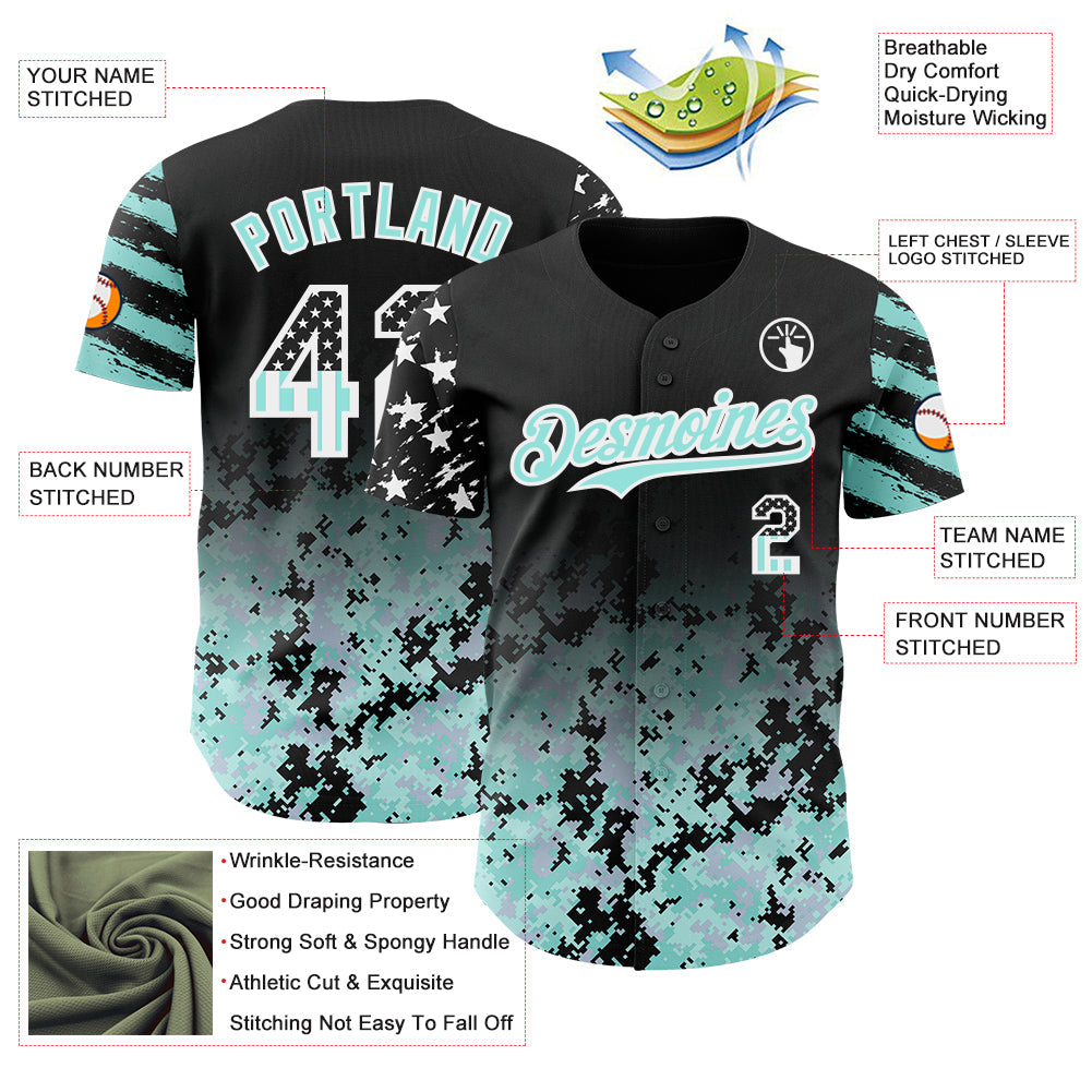 Custom Black USA Flag Camo White-Ice Blue Gradient Digital Camouflage Stars & Stripes Two Tone Authentic Baseball Jersey