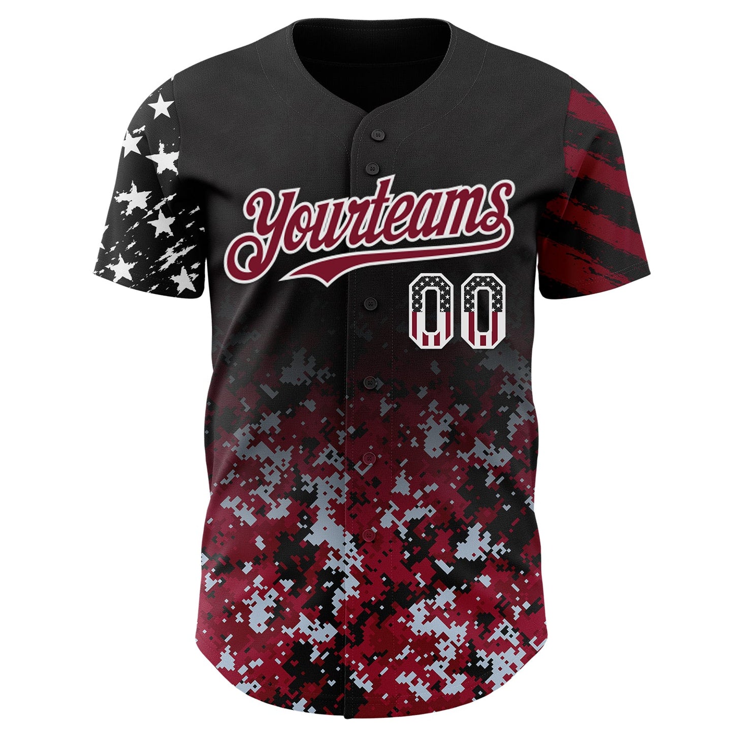 Custom Black USA Flag Camo White-Crimson Gradient Digital Camouflage Stars & Stripes Two Tone Authentic Baseball Jersey