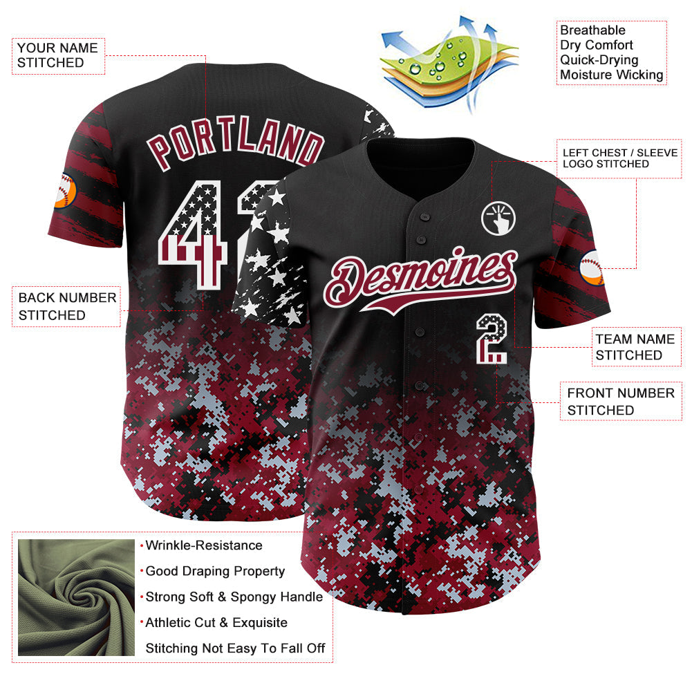 Custom Black USA Flag Camo White-Crimson Gradient Digital Camouflage Stars & Stripes Two Tone Authentic Baseball Jersey