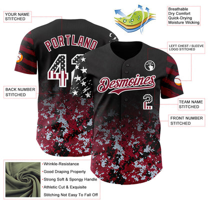Custom Black USA Flag Camo White-Crimson Gradient Digital Camouflage Stars & Stripes Two Tone Authentic Baseball Jersey