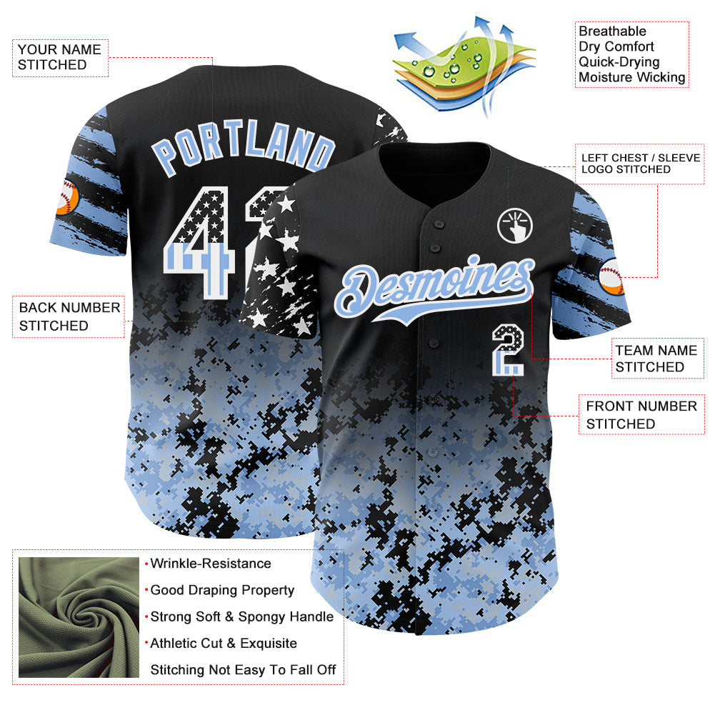 Custom Black USA Flag Camo White-Light Blue Gradient Digital Camouflage Stars & Stripes Two Tone Authentic Baseball Jersey