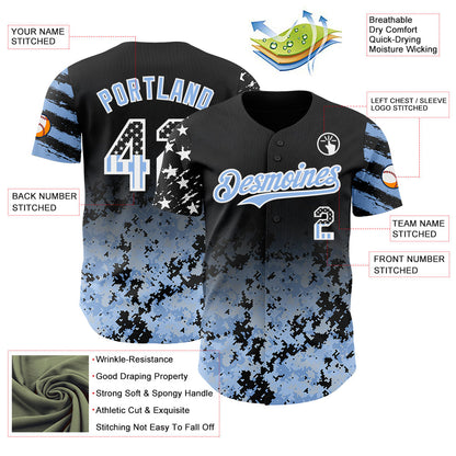 Custom Black USA Flag Camo White-Light Blue Gradient Digital Camouflage Stars & Stripes Two Tone Authentic Baseball Jersey