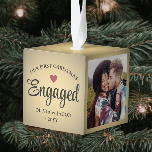 3 Photo Our First Christmas Engaged Gold Faux Foil Cube Ornament