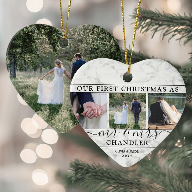 4 Photo Mr & Mrs 1st Christmas Faux Marble Heart Ceramic Ornament