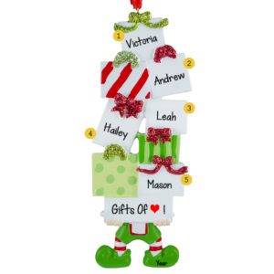 Personalized Five Names Elf Holding Gift Packages Ornament