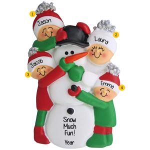 Personalized Family Of 4 Building Snowman Christmas Ornament
