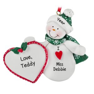 Personalized I Love My Teacher Or Daycare Provider Snowman Heart Ornament