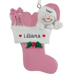 Personalized Snow Girl In PINK Stocking Heart + Gift Ornament