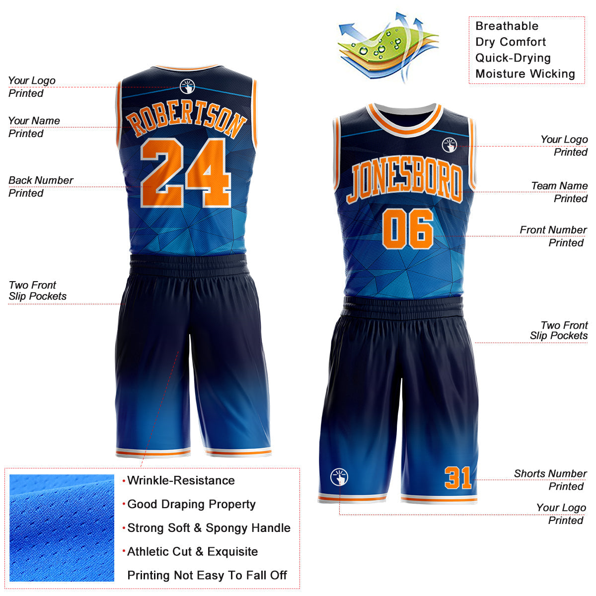 Custom Blue Bay Orange-White Diamond Shapes Geometric Gradient Round Neck Sublimation Basketball Uniform Jersey