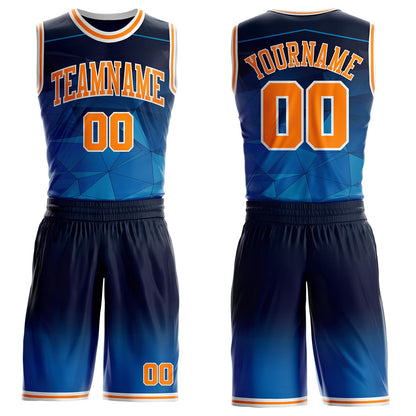 Custom Blue Bay Orange-White Diamond Shapes Geometric Gradient Round Neck Sublimation Basketball Uniform Jersey