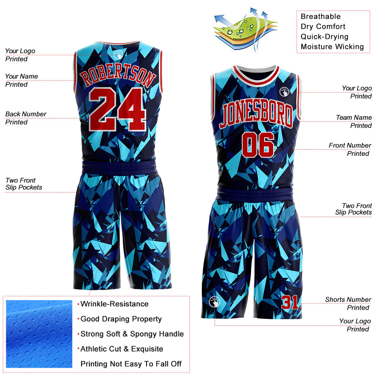 Custom Blue Red-White Diamond Shattered Geometric Round Neck Sublimation Basketball Uniform Jersey