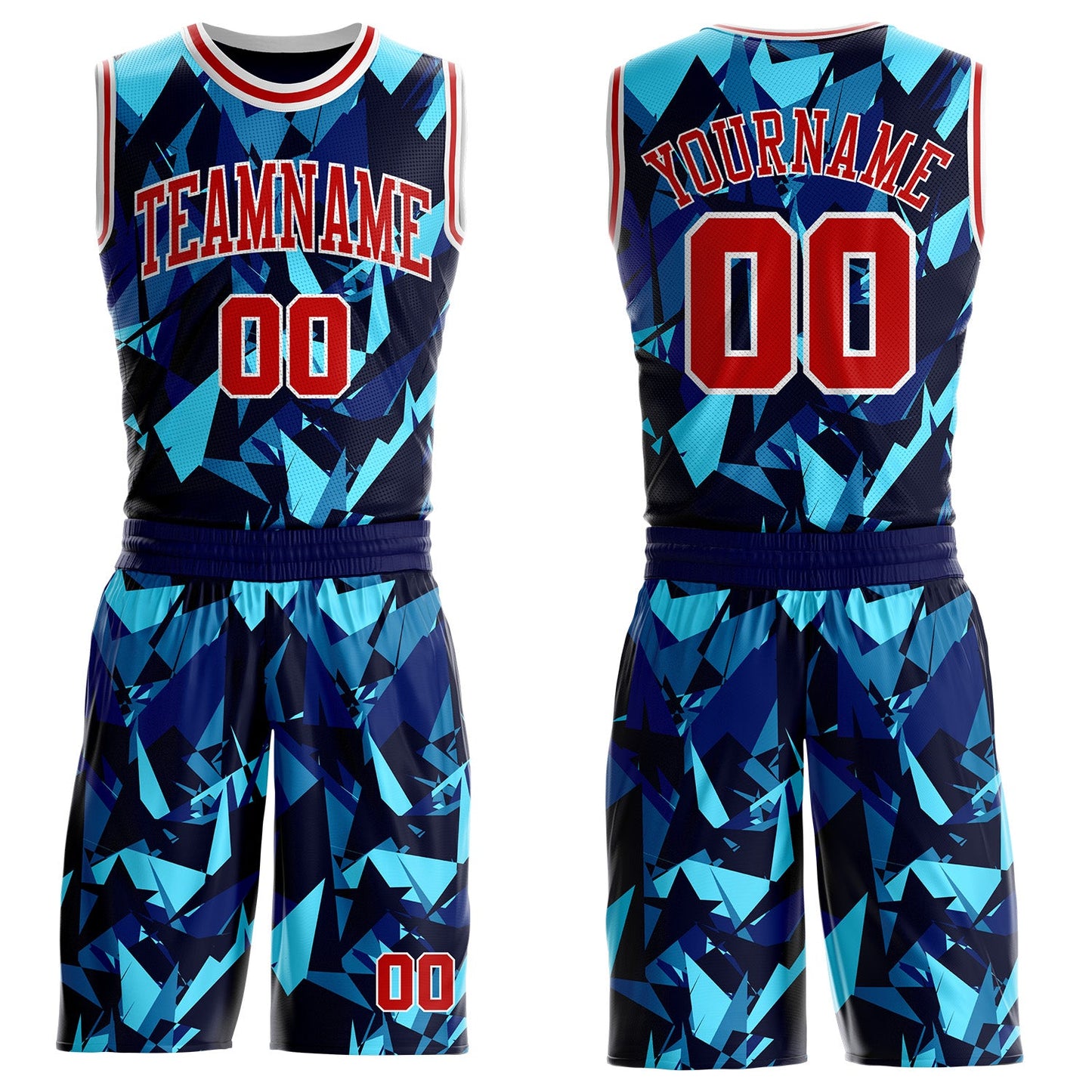 Custom Blue Red-White Diamond Shattered Geometric Round Neck Sublimation Basketball Uniform Jersey