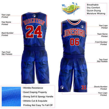 Custom Blue Red-White Diamond Shapes Geometric Round Neck Sublimation Basketball Uniform Jersey
