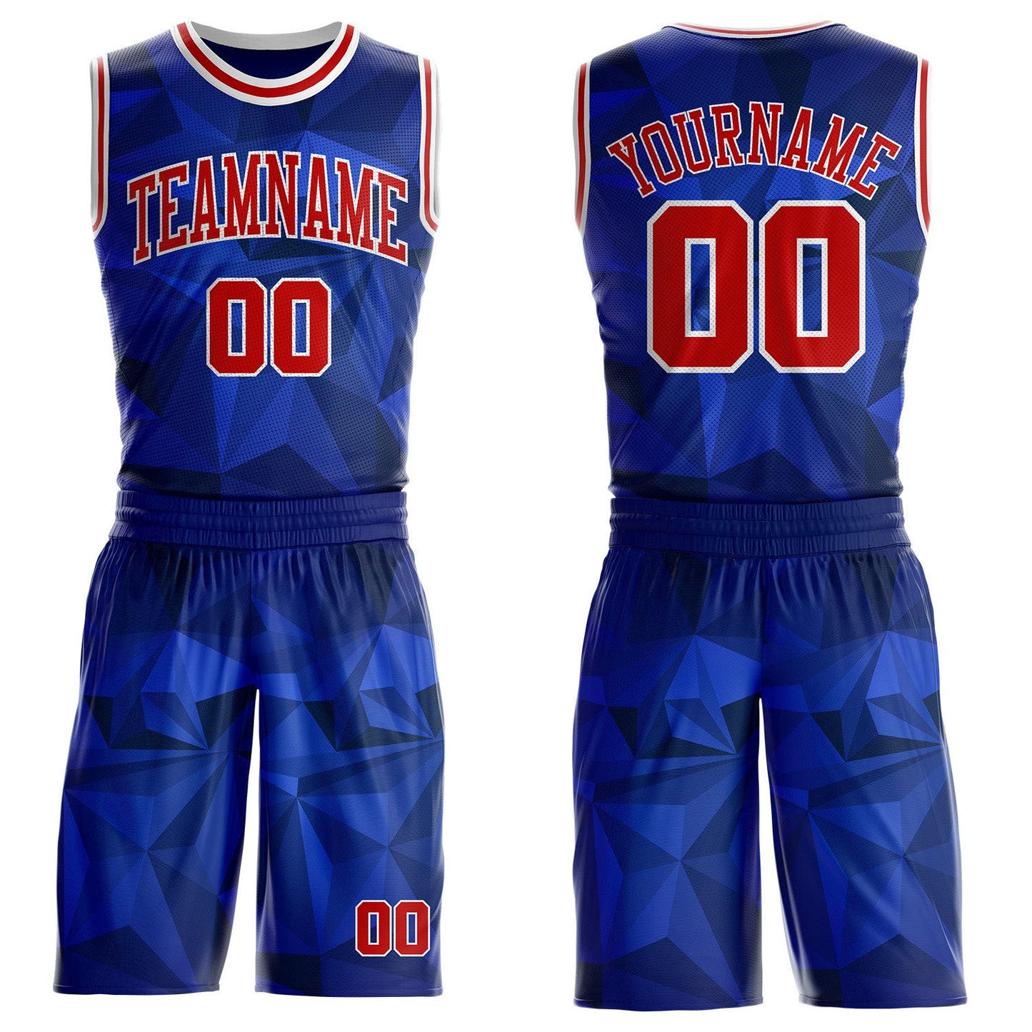Custom Blue Red-White Diamond Shapes Geometric Round Neck Sublimation Basketball Uniform Jersey