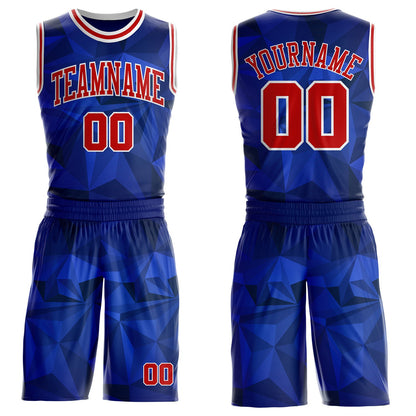 Custom Blue Red-White Diamond Shapes Geometric Round Neck Sublimation Basketball Uniform Jersey