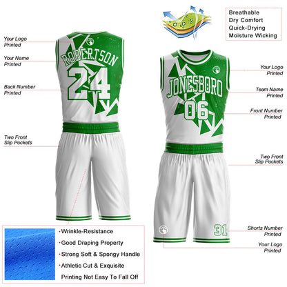 Custom White-Grass Green Triangle Shapes Geometric Round Neck Sublimation Basketball Uniform Jersey
