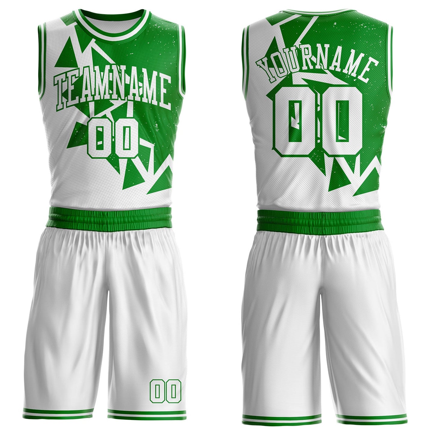 Custom White-Grass Green Triangle Shapes Geometric Round Neck Sublimation Basketball Uniform Jersey